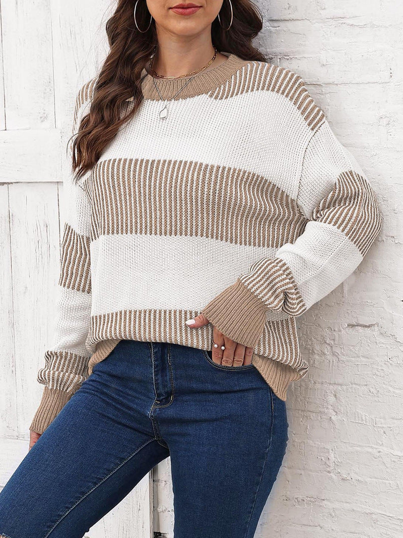 Wide Colorblock Stripe Crew Neck Sweater - Khaki