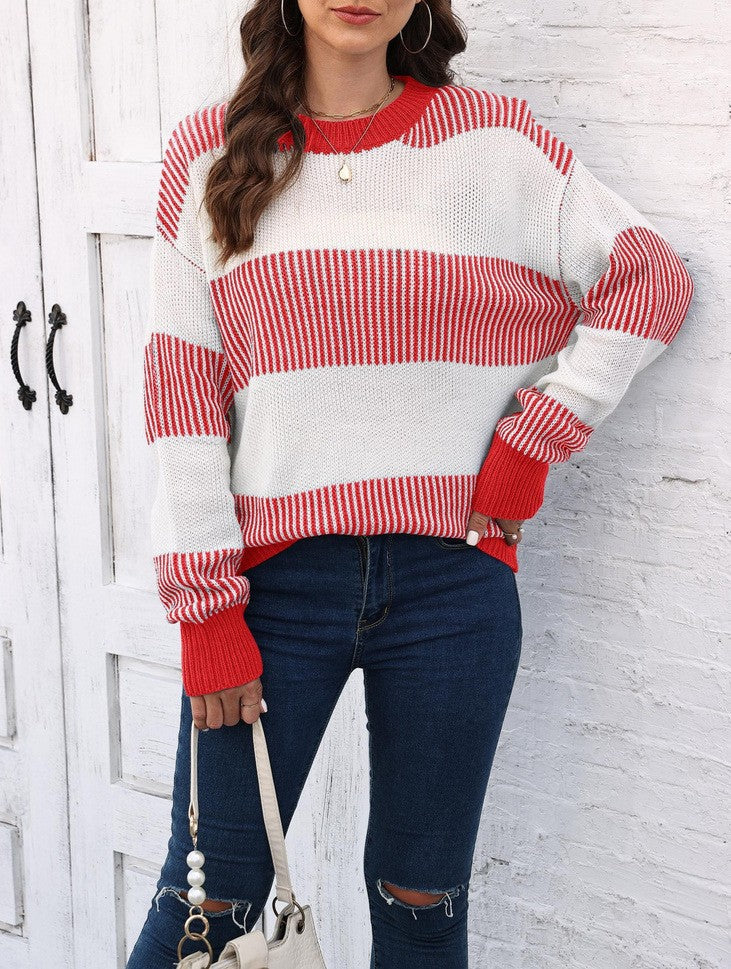 Wide Colorblock Stripe Crew Neck Sweater - Red