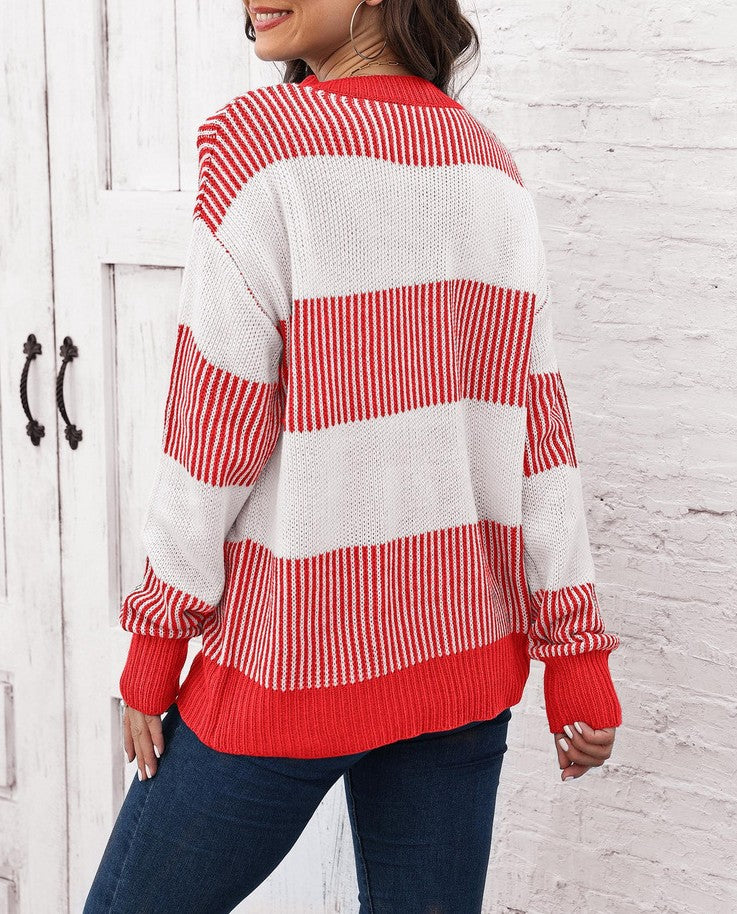 Wide Colorblock Stripe Crew Neck Sweater - Red - 1