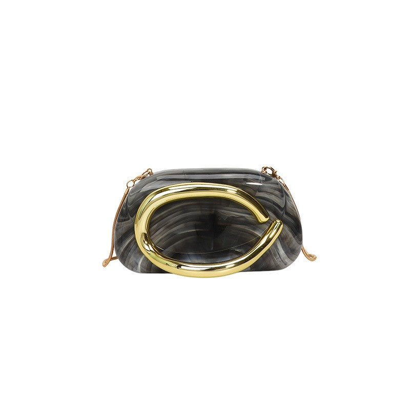 Sculptural Hoop Handle Box Clutch - Black Marble