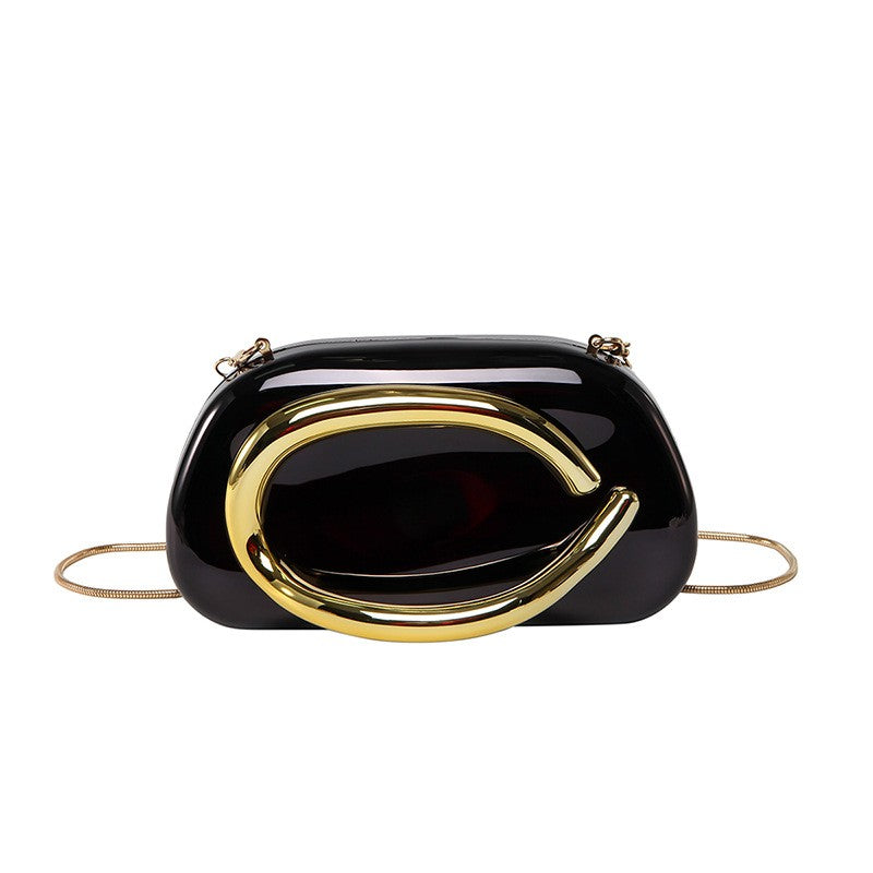 Sculptural Hoop Handle Box Clutch - Mirror Black