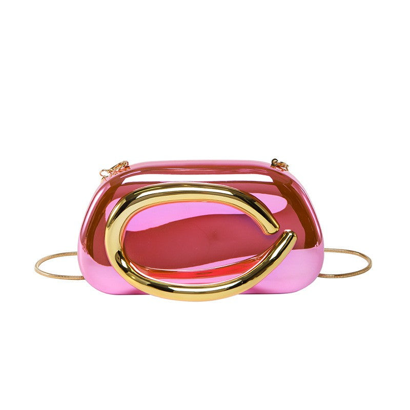 Sculptural Hoop Handle Box Clutch - Mirror Pink