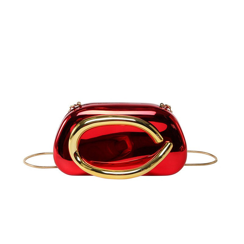 Sculptural Hoop Handle Box Clutch - Mirror Red