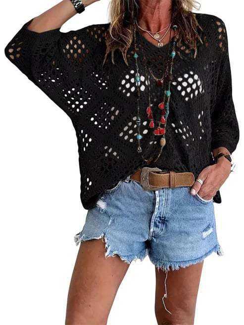 Crochet Pointelle V-Neck Batwing Knit Top - Black