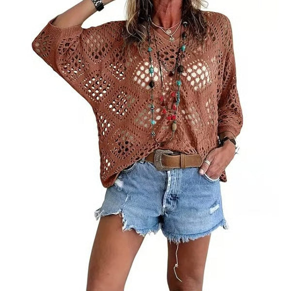 Crochet Pointelle V-Neck Batwing Knit Top - Caramel