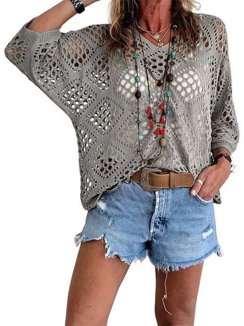 Crochet Pointelle V-Neck Batwing Knit Top - Grey