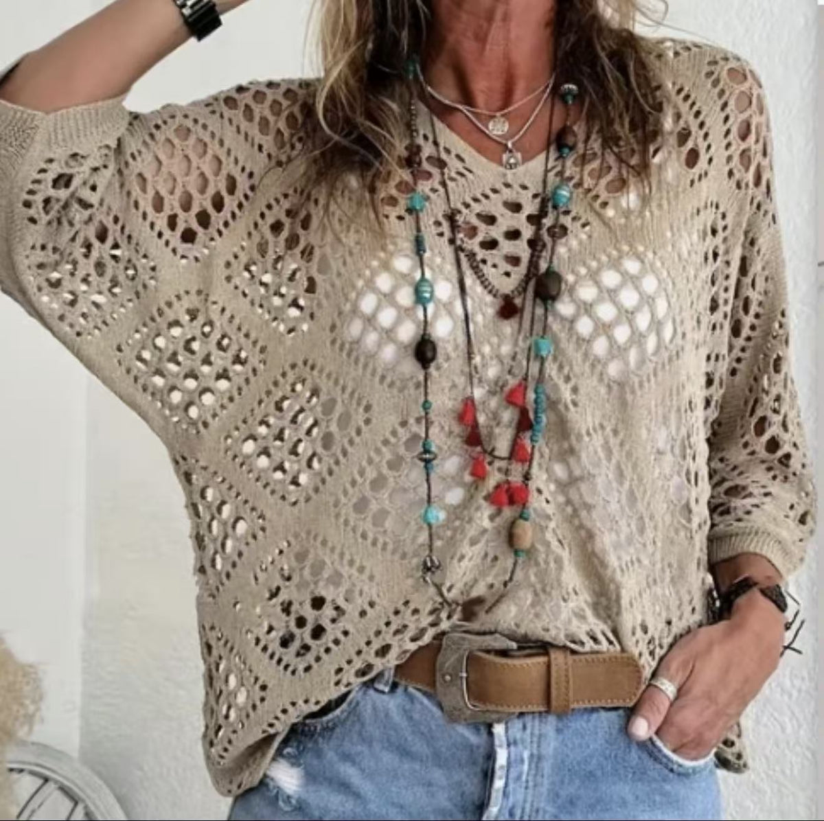 Crochet Pointelle V-Neck Batwing Knit Top - Khaki