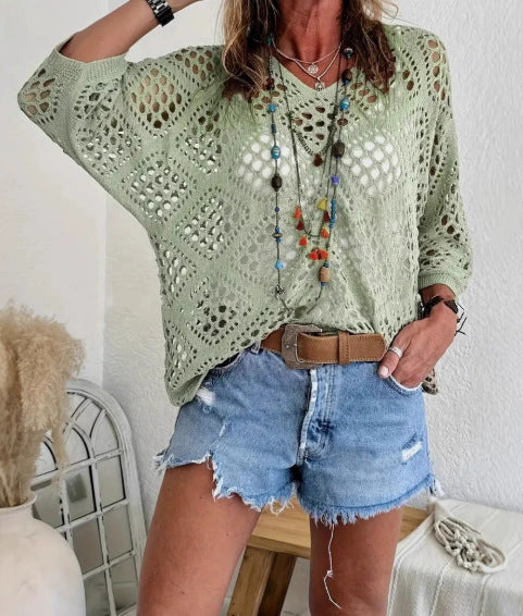 Crochet Pointelle V-Neck Batwing Knit Top - LtGreen