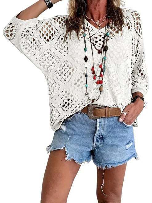 Crochet Pointelle V-Neck Batwing Knit Top - White