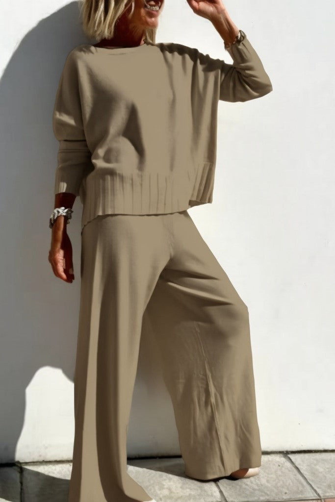 Slouchy Knit Sweater and Wide Leg Pant Set - Khaki