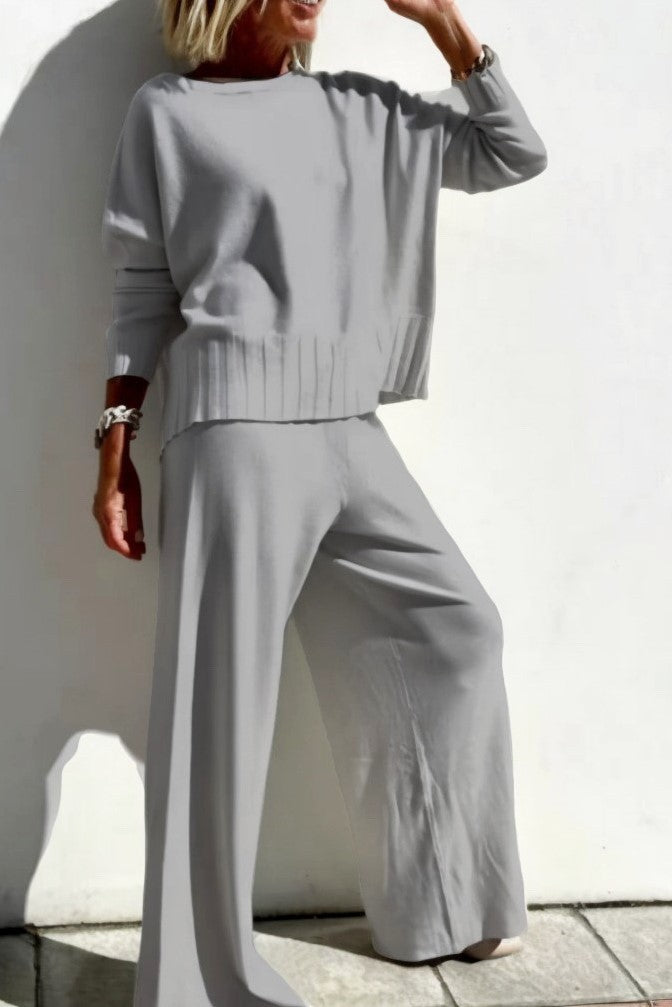 Slouchy Knit Sweater and Wide Leg Pant Set - grey