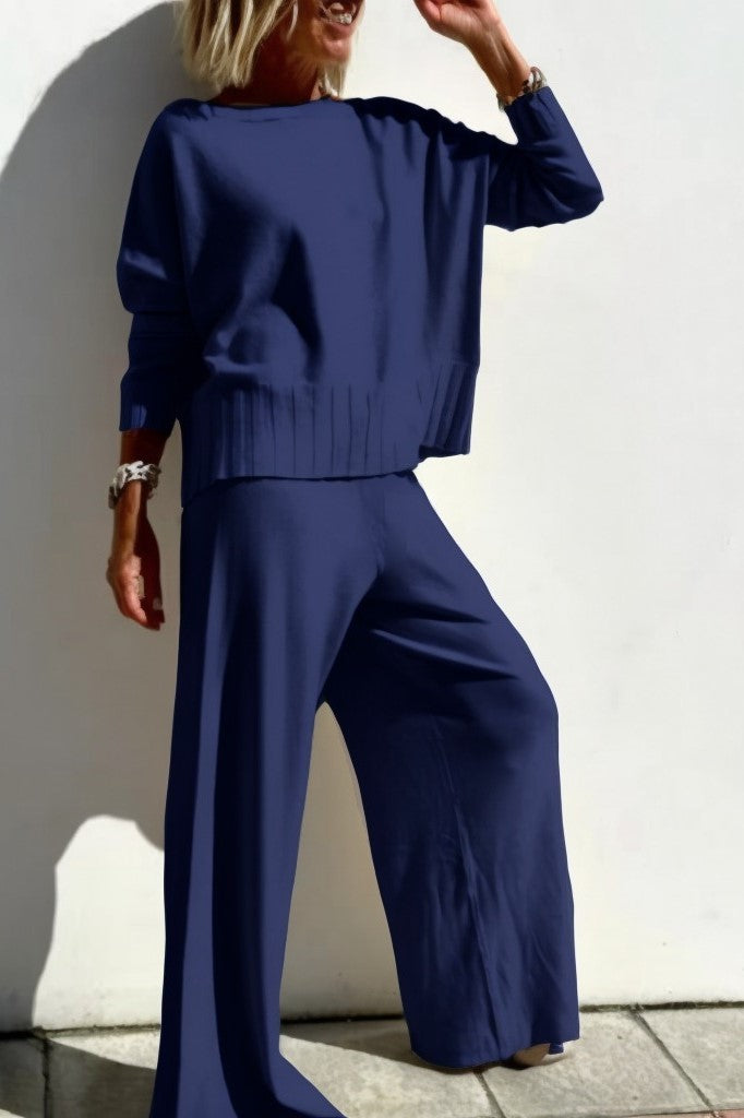 Slouchy Knit Sweater and Wide Leg Pant Set - navy