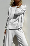 Slouchy Knit Sweater and Wide Leg Pant Set - white