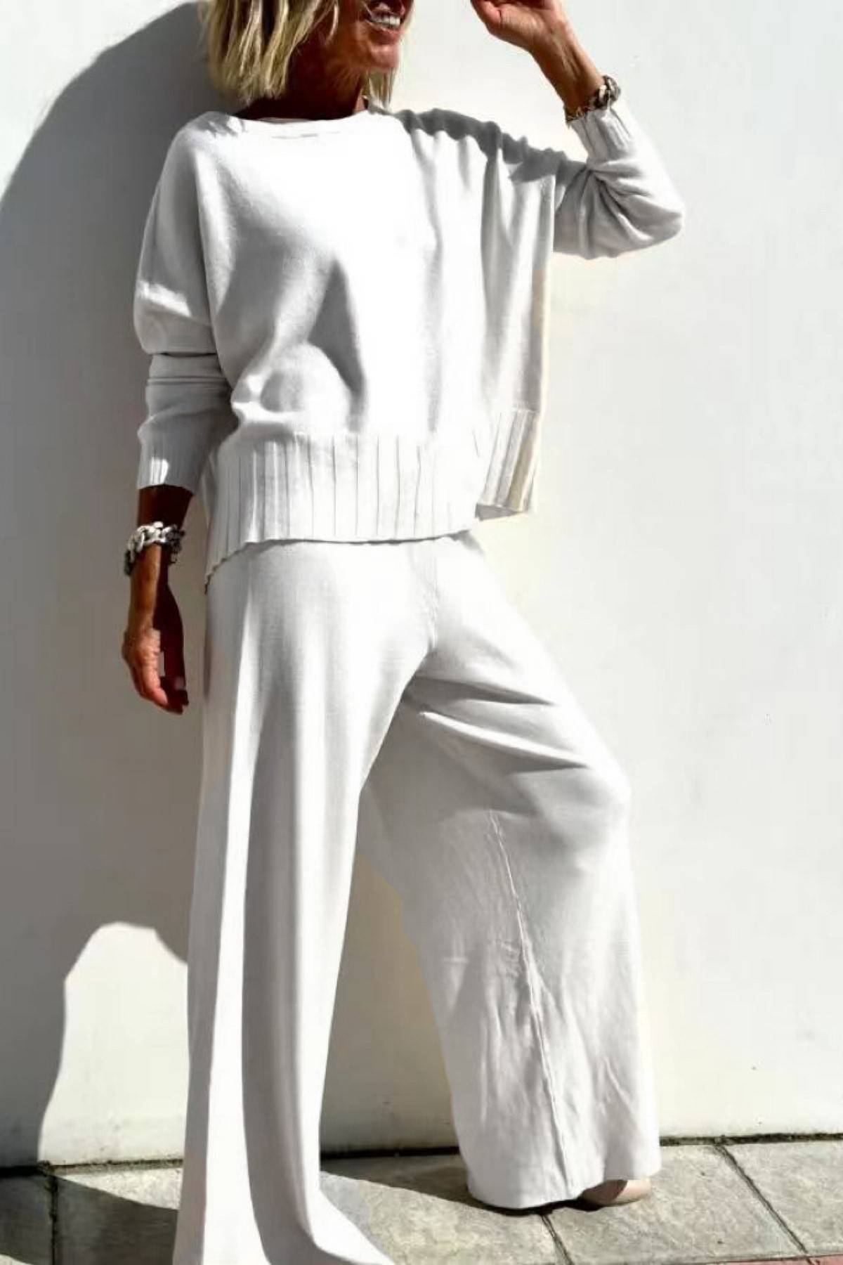 Slouchy Knit Sweater and Wide Leg Pant Set - white - 2