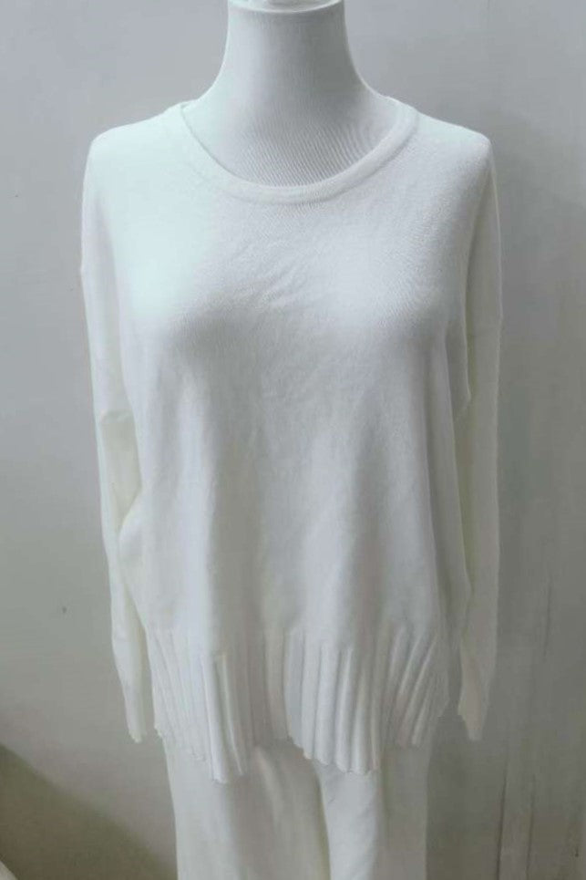Slouchy Knit Sweater and Wide Leg Pant Set - white - 3