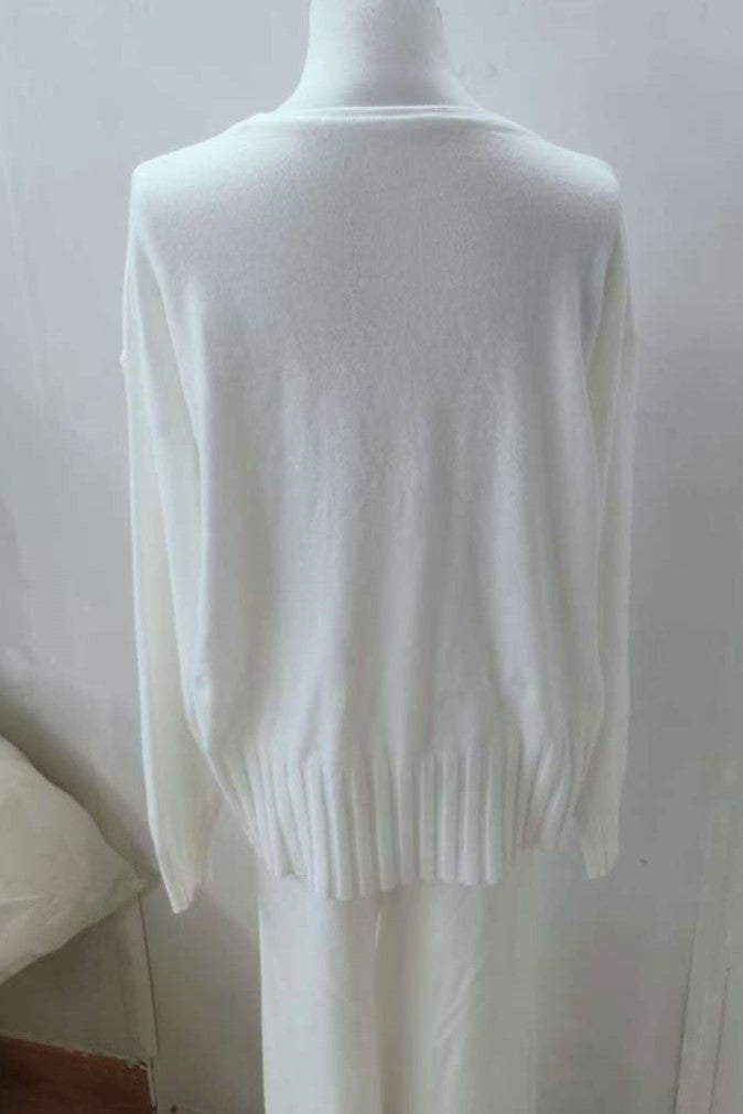 Slouchy Knit Sweater and Wide Leg Pant Set - white - 4