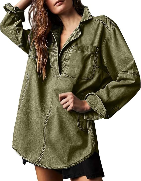 Half Placket Denim Popover Shirt - ArmyGreen