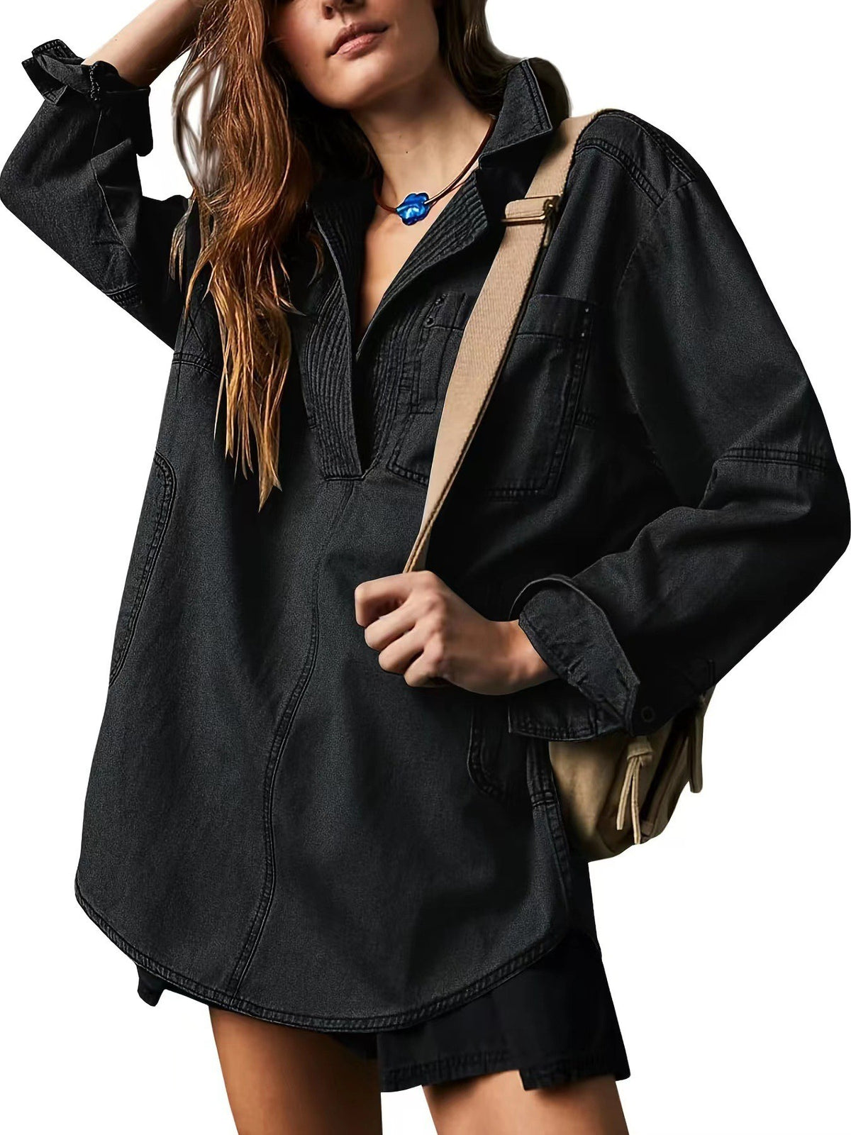 Half Placket Denim Popover Shirt - Black