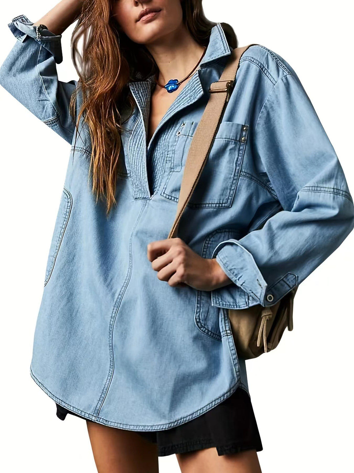 Half Placket Denim Popover Shirt - Blue