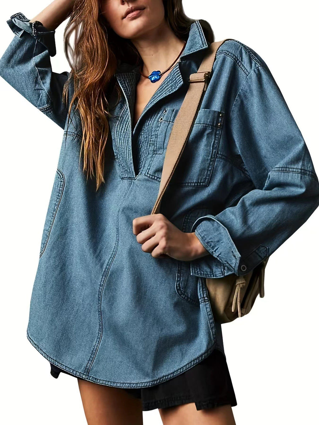 Half Placket Denim Popover Shirt - DarkBlue