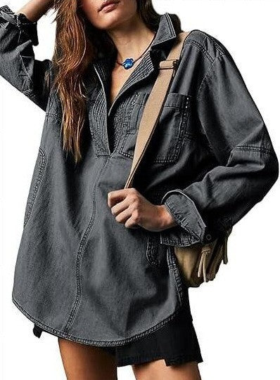 Half Placket Denim Popover Shirt - Grey