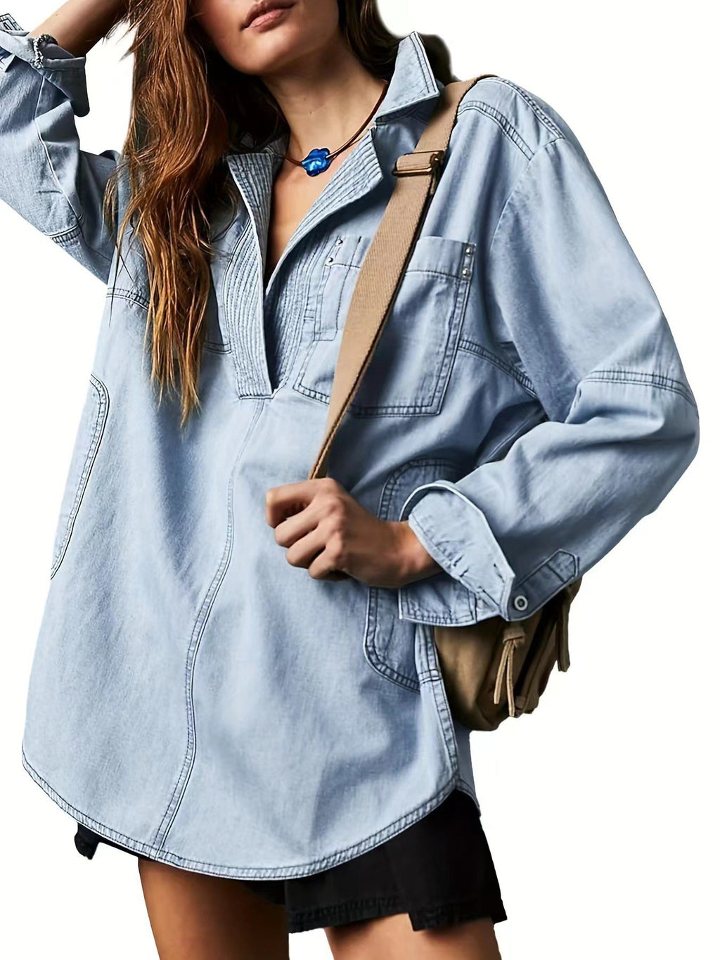 Half Placket Denim Popover Shirt - LightBlue