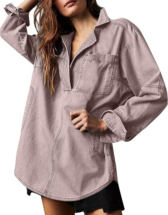 Half Placket Denim Popover Shirt - LightPurple