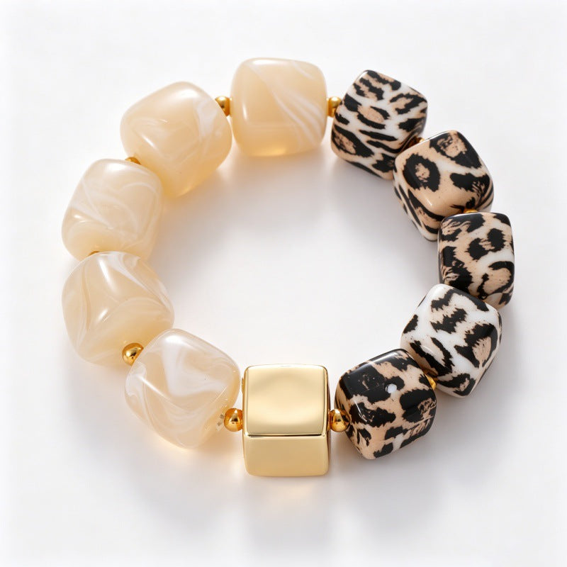 Chunky Cube Bead Stretch Bracelet with Animal Print - Beige