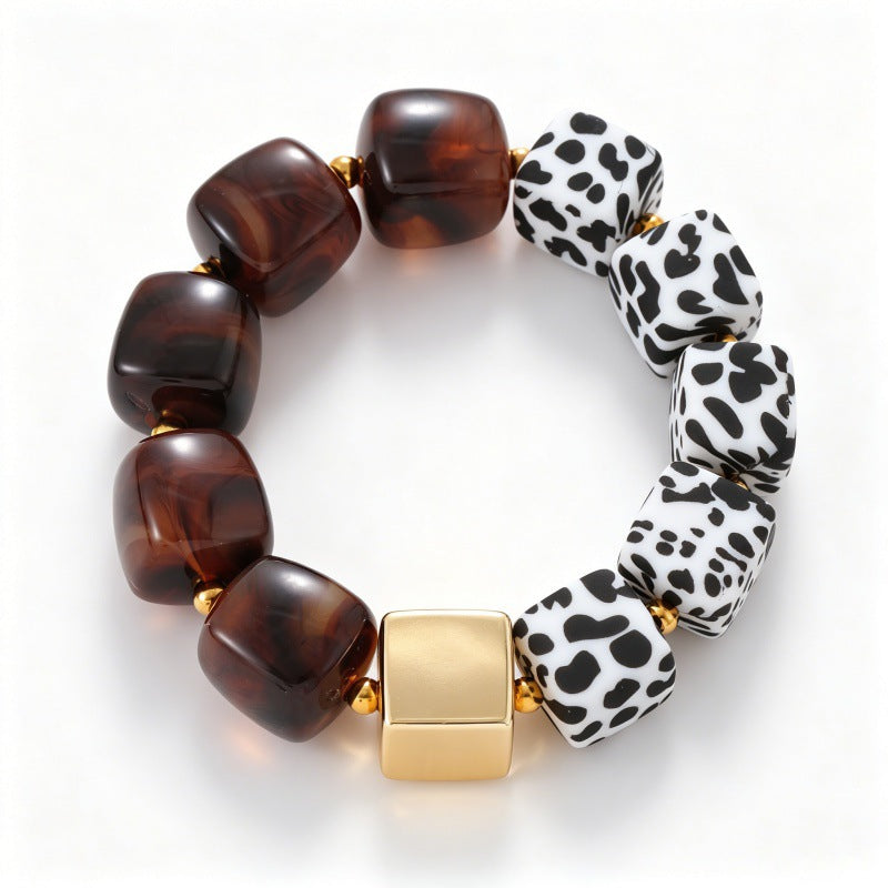 Chunky Cube Bead Stretch Bracelet with Animal Print - Dark_Coffee