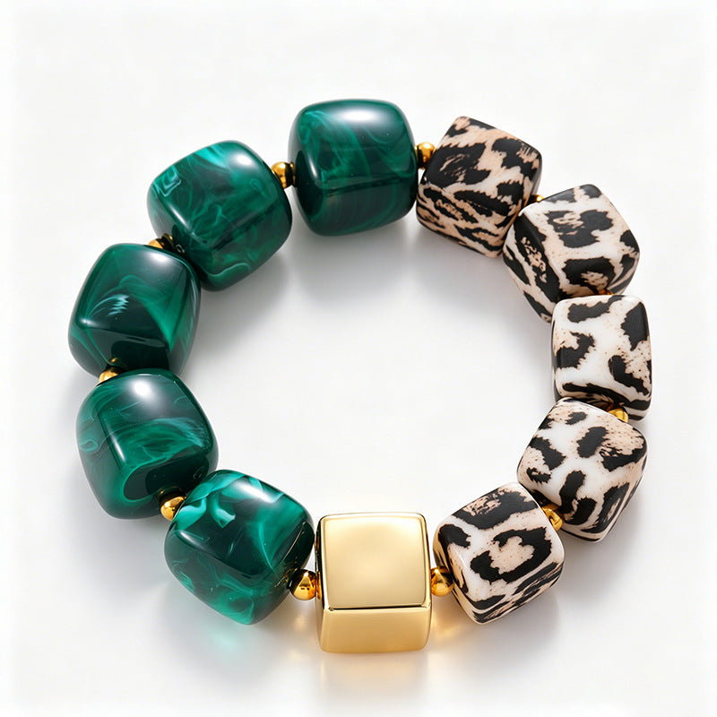 Chunky Cube Bead Stretch Bracelet with Animal Print - Dark_Green