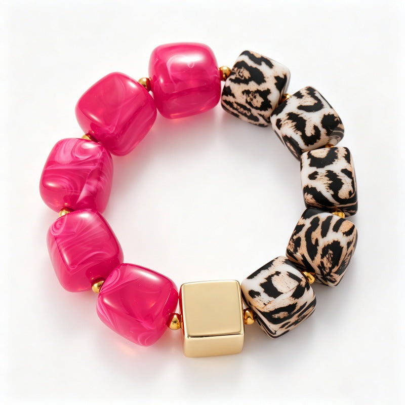 Chunky Cube Bead Stretch Bracelet with Animal Print - Rose