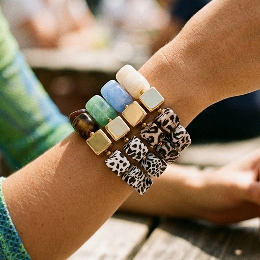 Chunky Cube Bead Stretch Bracelet with Animal Print