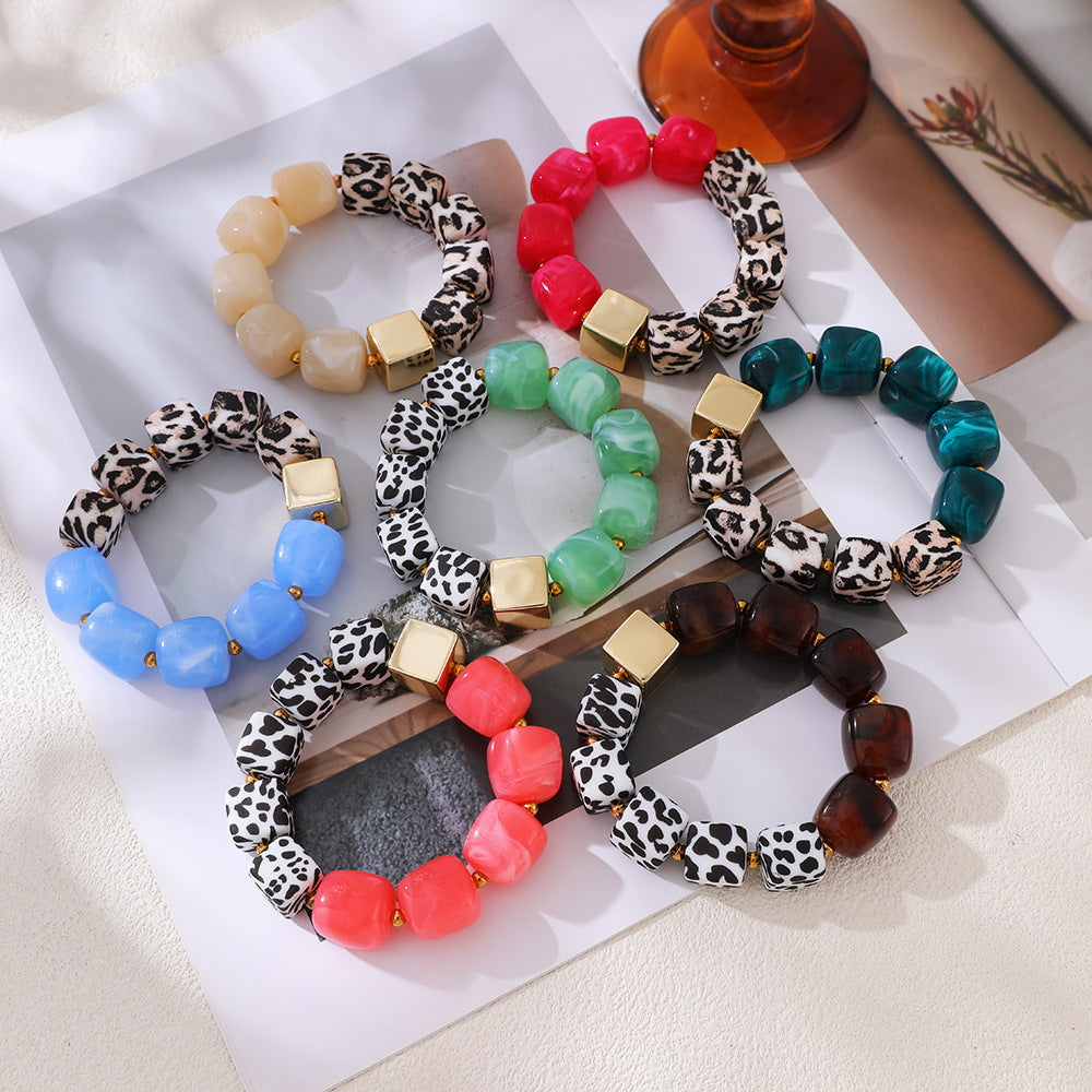 Chunky Cube Bead Stretch Bracelet with Animal Print - view 1