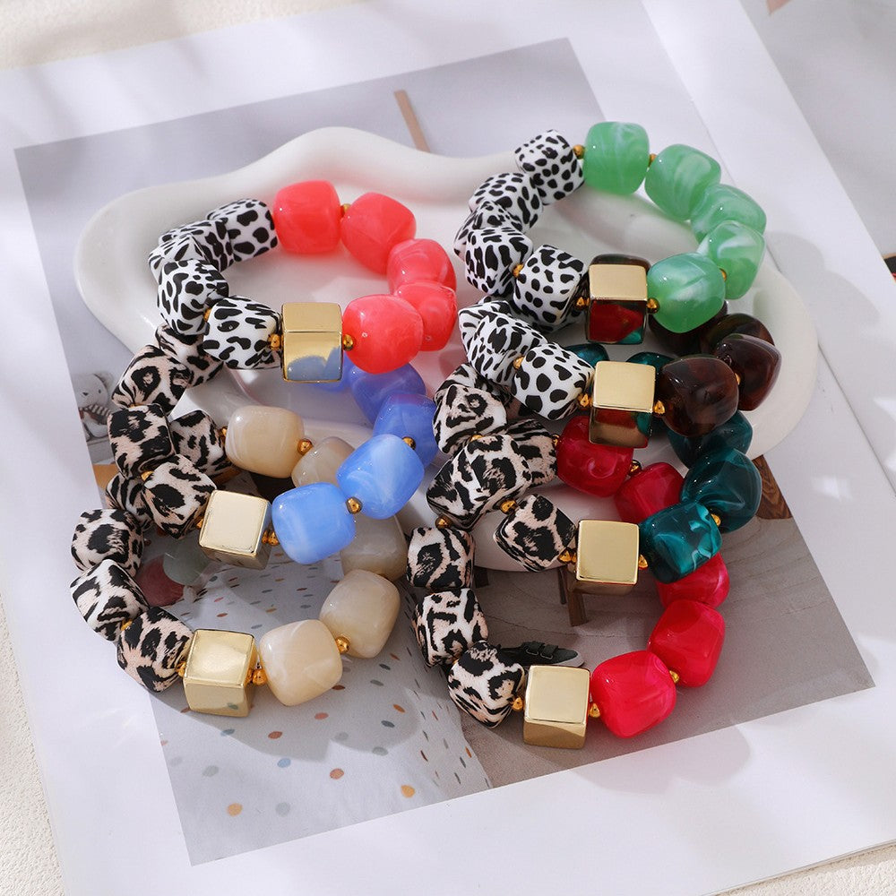 Chunky Cube Bead Stretch Bracelet with Animal Print - view 2