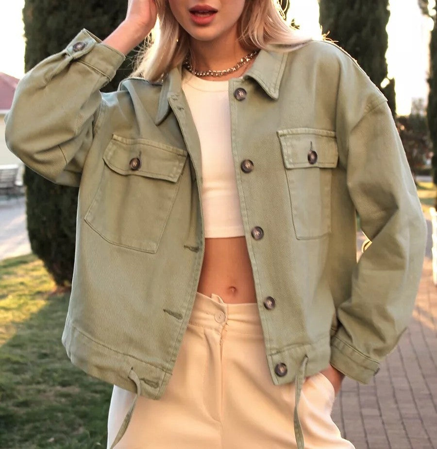 Boxy Cropped Cotton Jacket with Drawstring Hem
