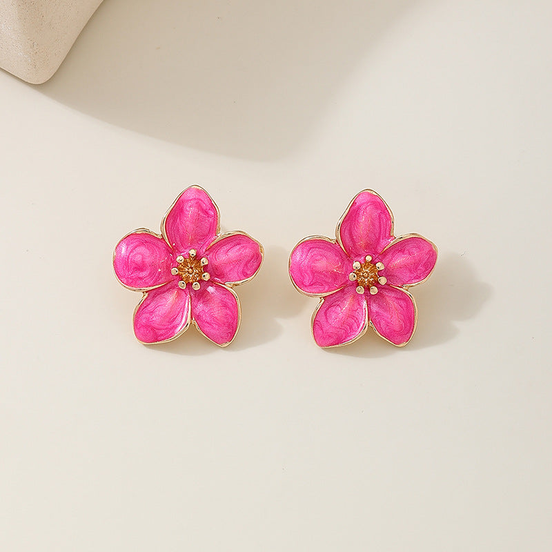 Enamel Five Petal Flower Stud Earrings - Rose-Red