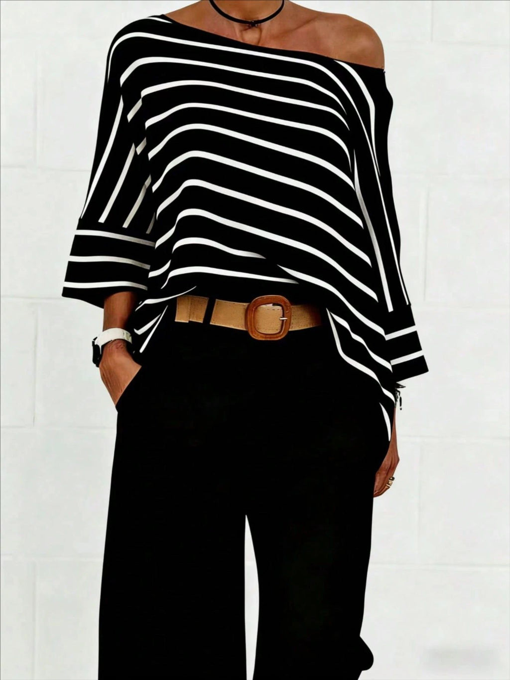 Off-Shoulder Striped Dolman Sleeve Tee - Black