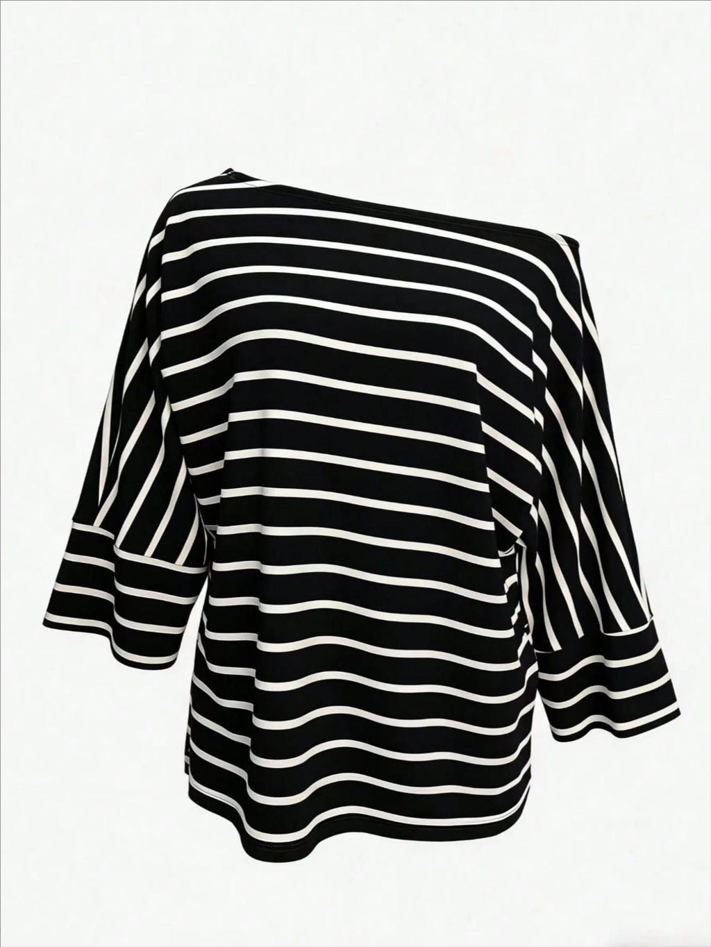 Off-Shoulder Striped Dolman Sleeve Tee - Black - 1