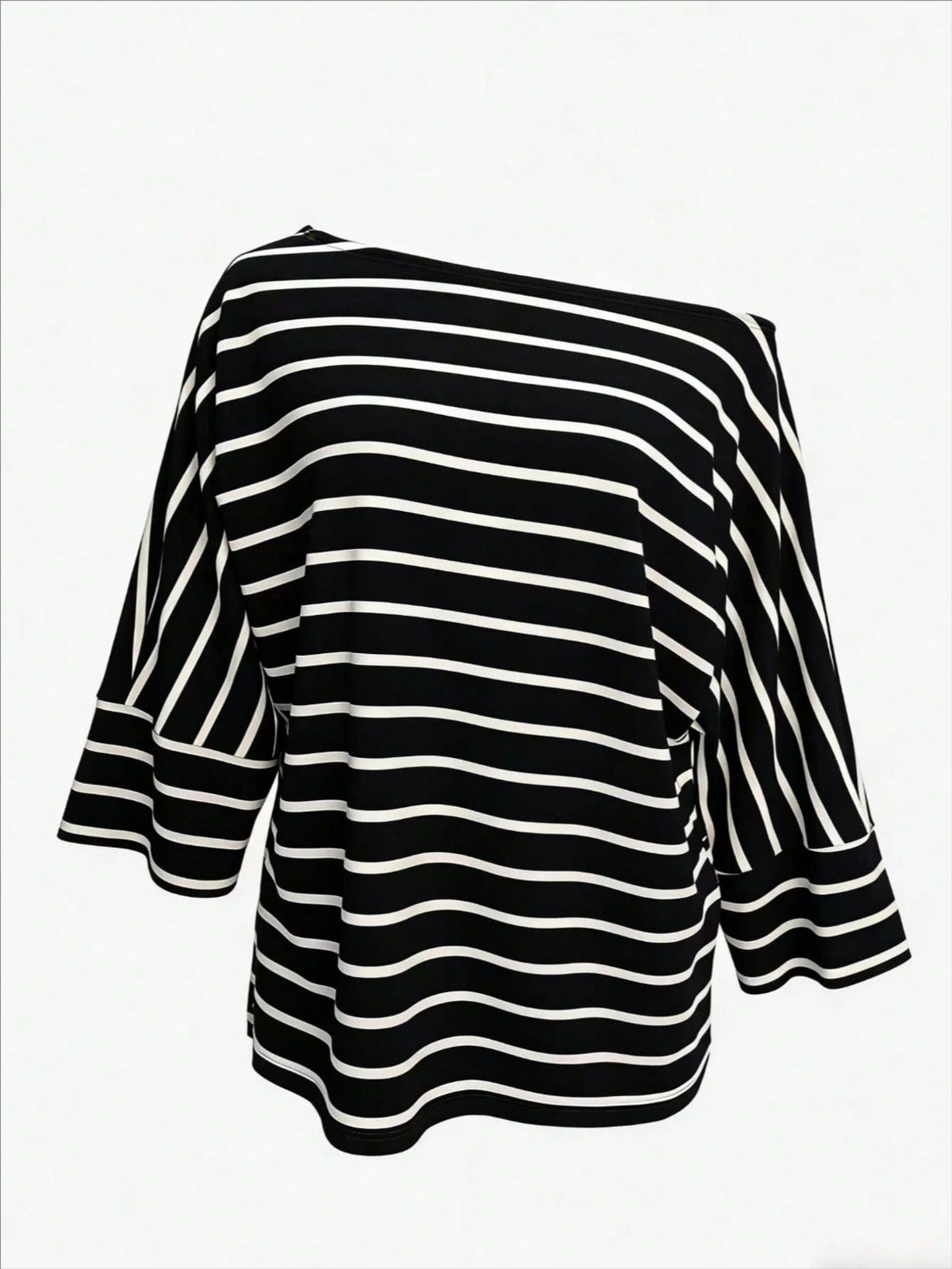 Off-Shoulder Striped Dolman Sleeve Tee - Black - 1