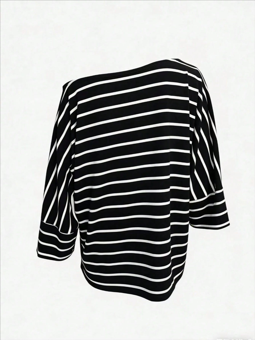 Off-Shoulder Striped Dolman Sleeve Tee - Black - 2