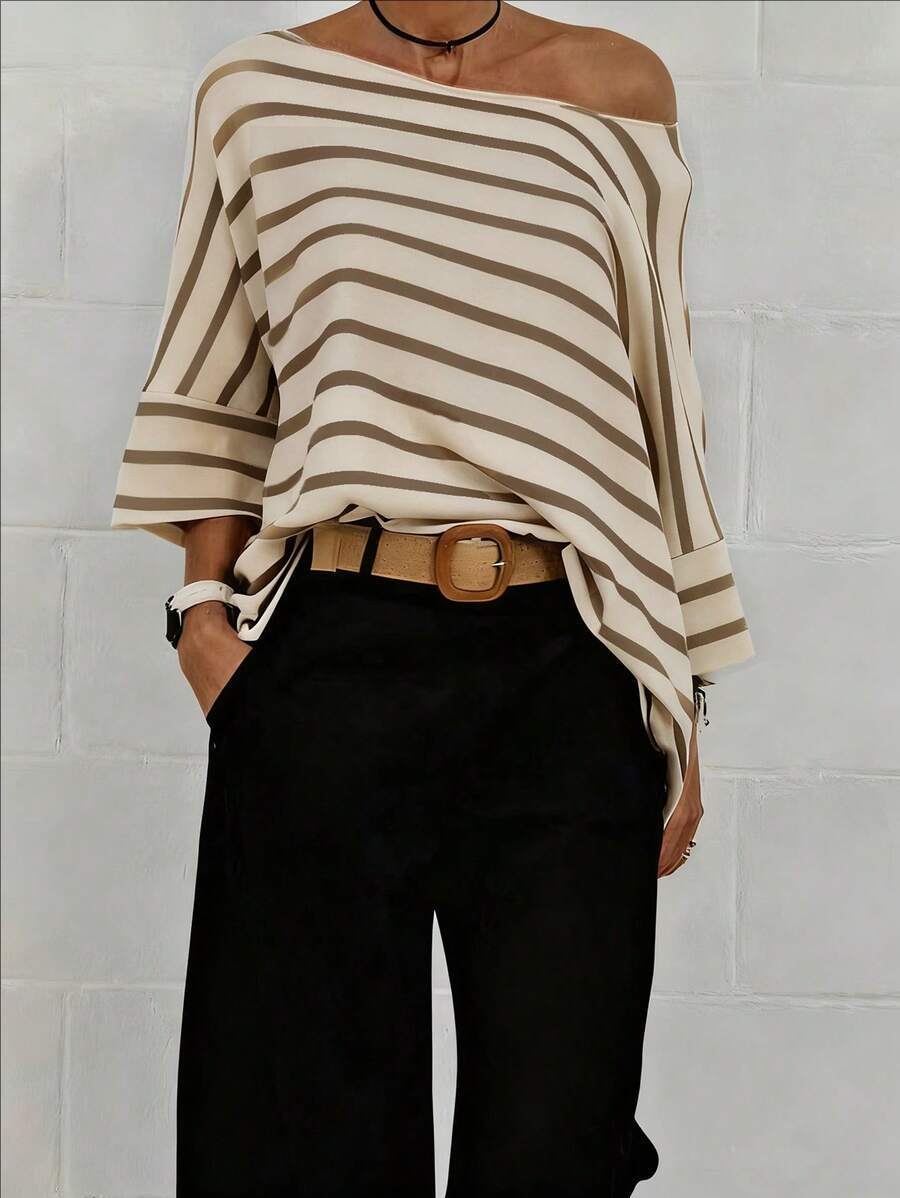 Off-Shoulder Striped Dolman Sleeve Tee - Khaki