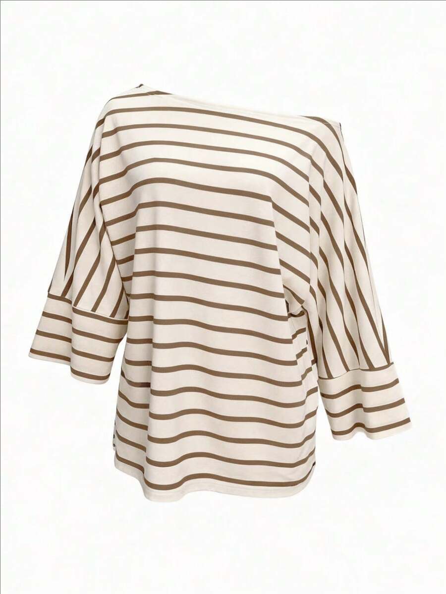 Off-Shoulder Striped Dolman Sleeve Tee - Khaki - 1