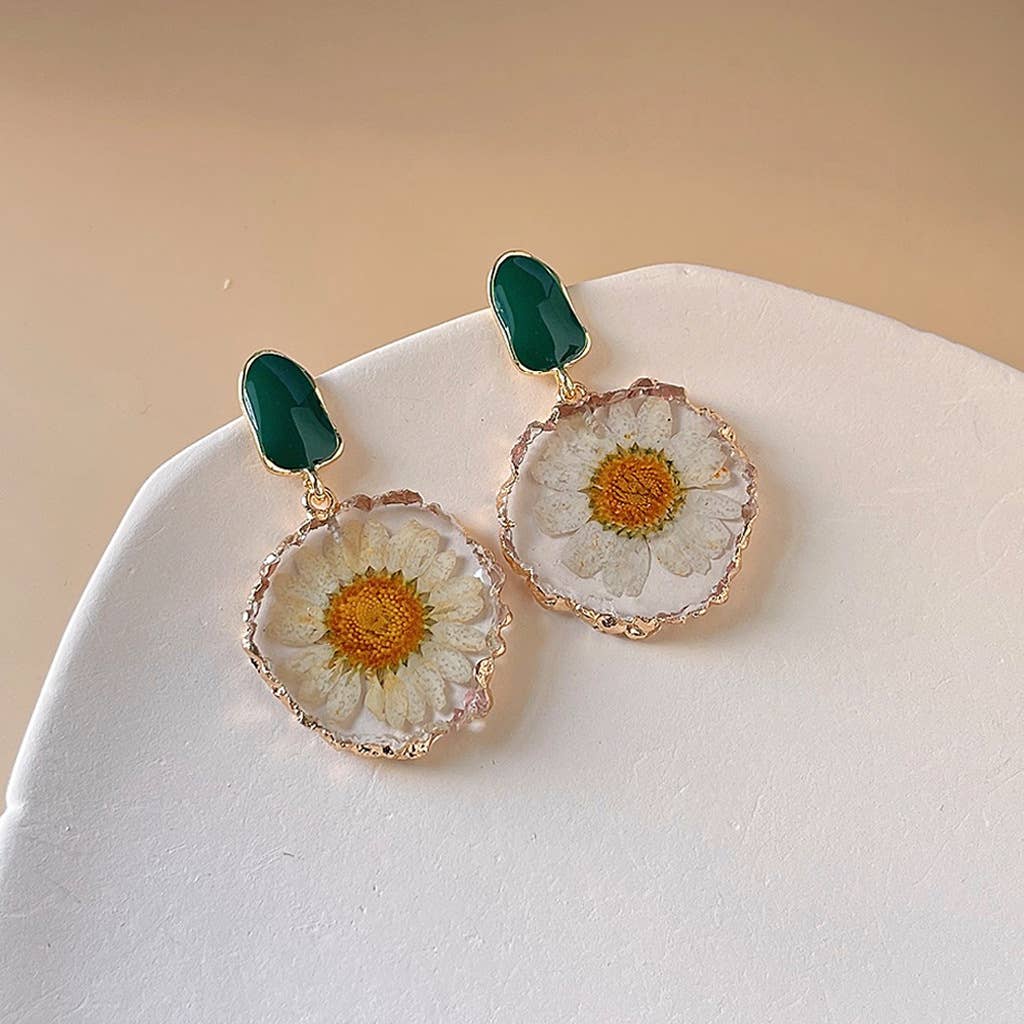 Pressed Daisy Resin Drop Earrings