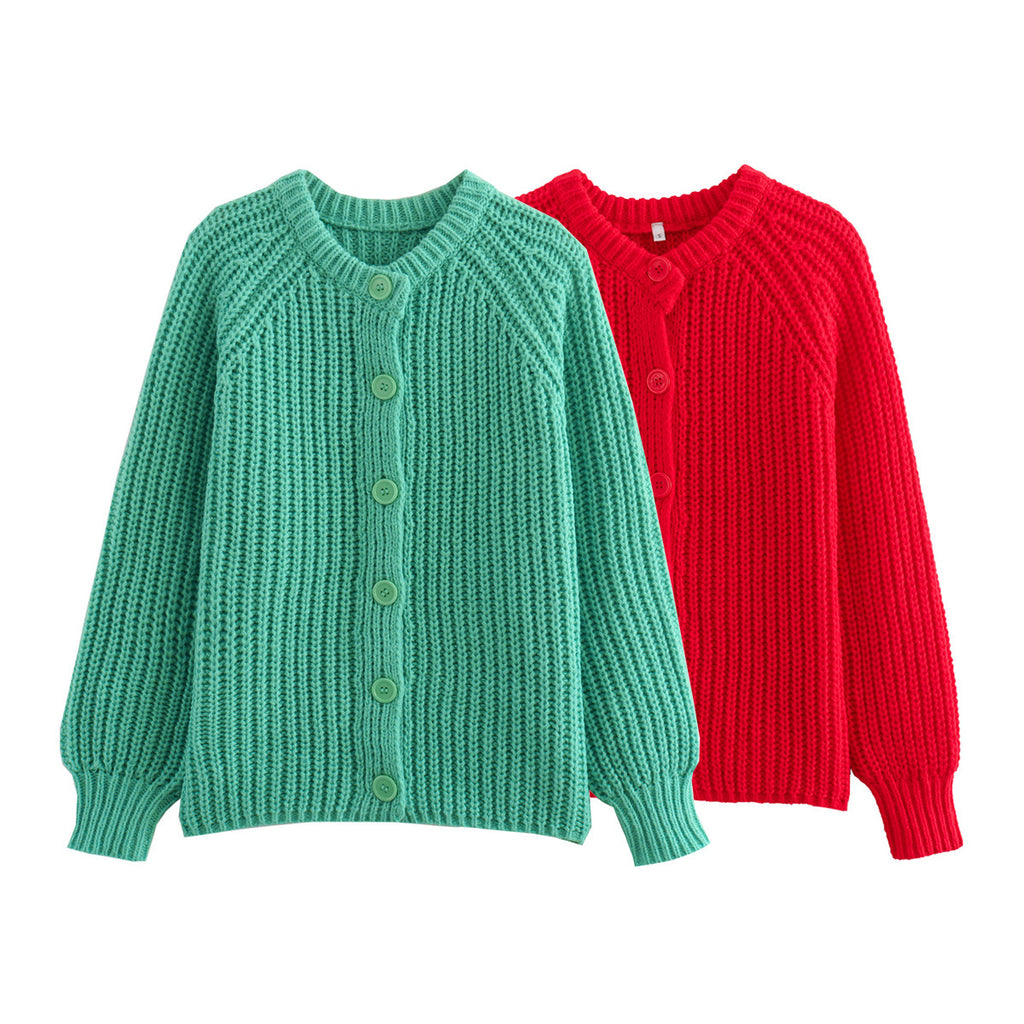 Chunky Ribbed Button Front Cardigan - Green - 1