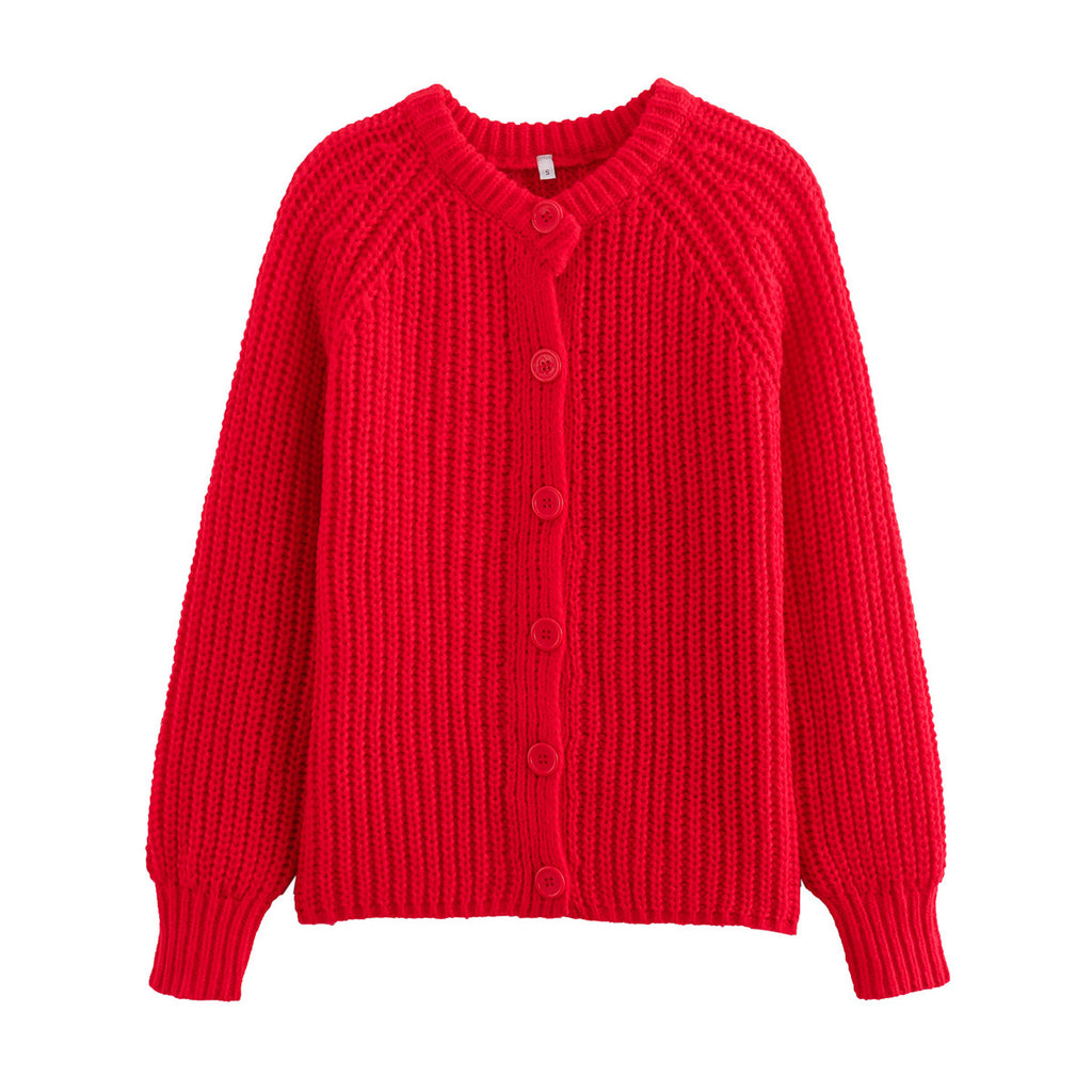 Chunky Ribbed Button Front Cardigan - Red