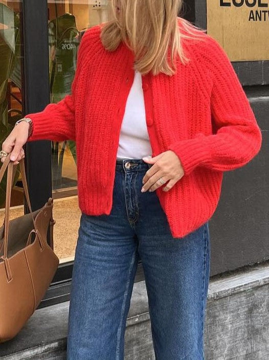 Chunky Ribbed Button Front Cardigan - Red - 11