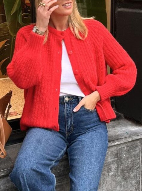Chunky Ribbed Button Front Cardigan - Red - 12