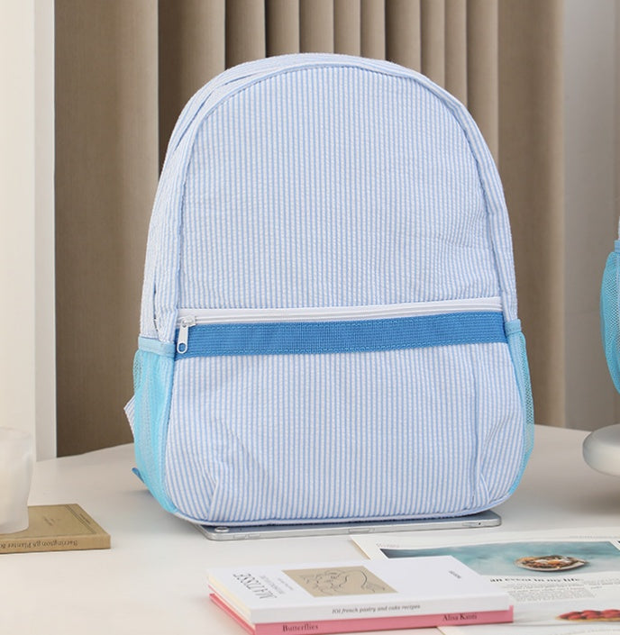 Seersucker Stripe School Backpack For Kids - L_Blue
