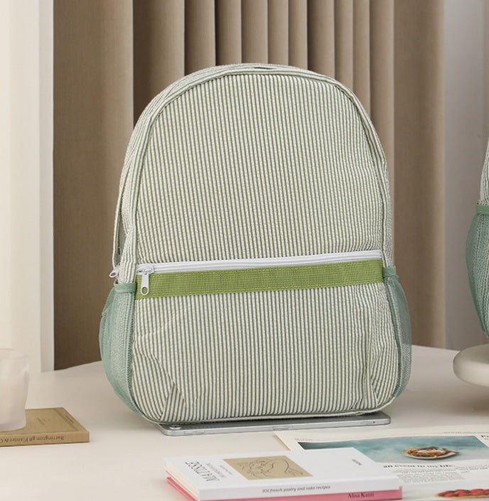 Seersucker Stripe School Backpack For Kids - L_Green