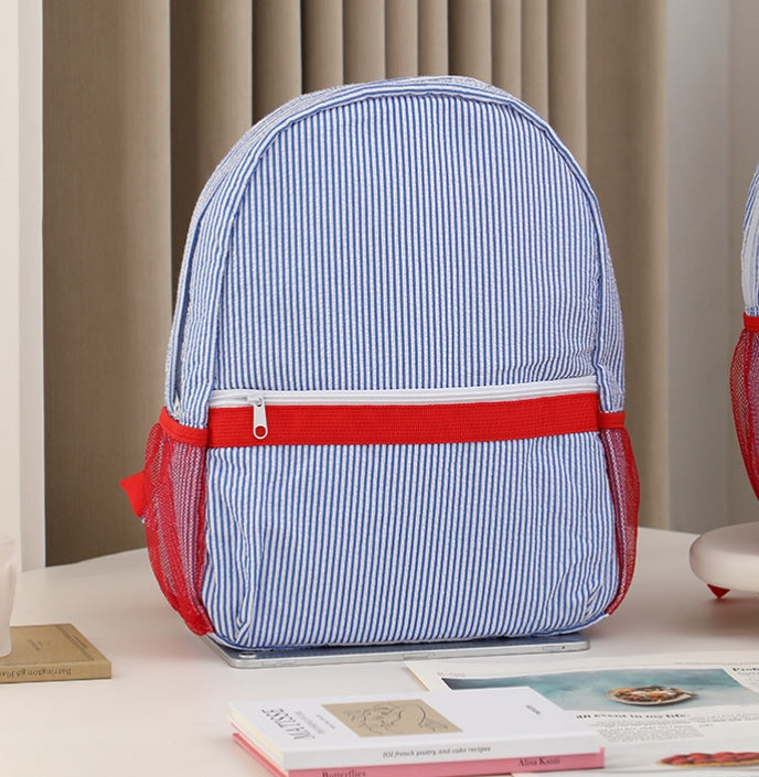 Seersucker Stripe School Backpack For Kids - L_Navy